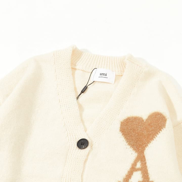AMI Paris Holiday Limited Gold Heart Jacquard Cardigan – 24FW in Cream Gold Heart Cardigan