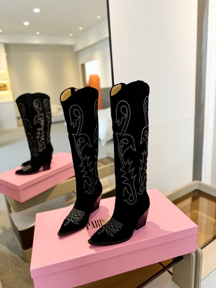 Paris Texas Embroidered Knee-High Boots in Black With Tone-on-tone Embroidery