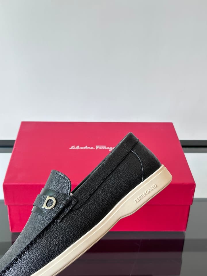 Ferragamo Men's Imported Calfskin Driving Shoes in Classic Black Leather