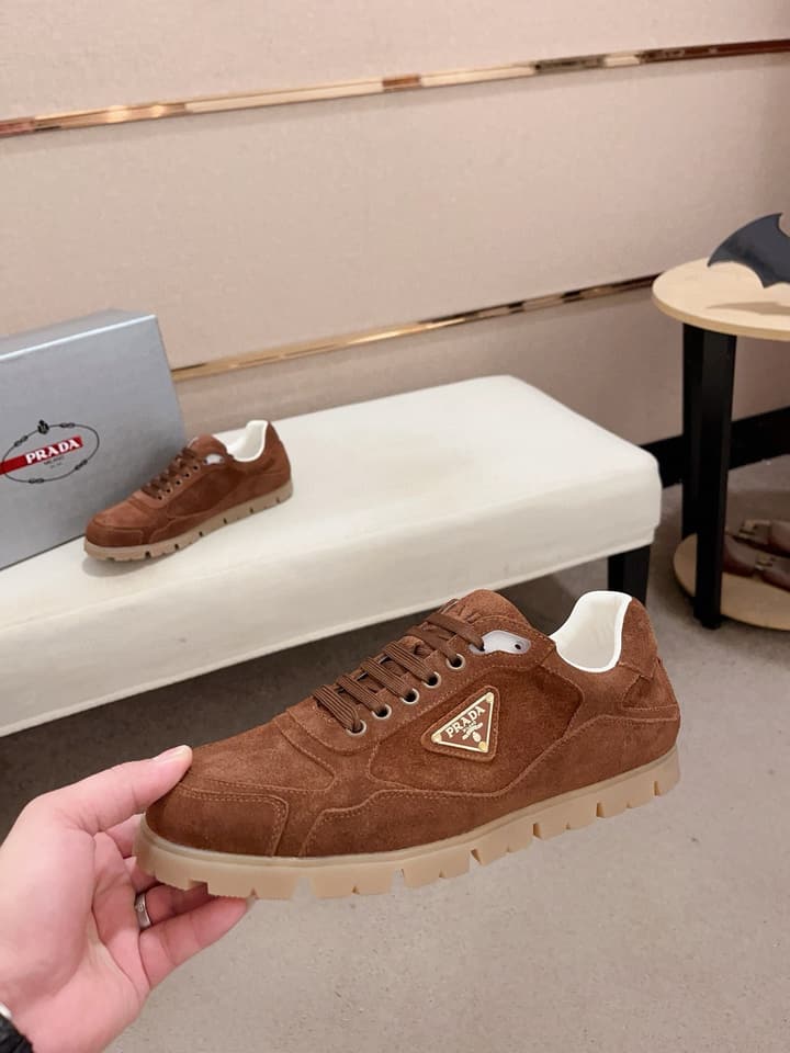 Prada Men's Air Cushion Sneakers in Beige Suede