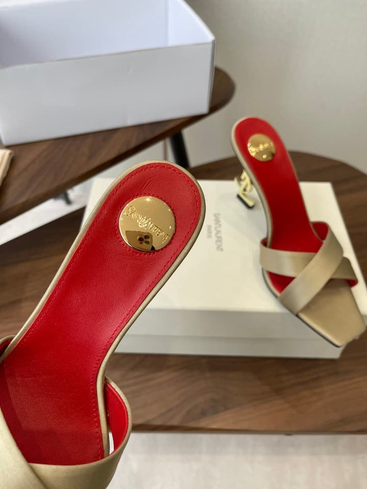 Saint Laurent Opyum Satin Heeled Mules – Early Spring Collection – 26S in Champagne Gold
