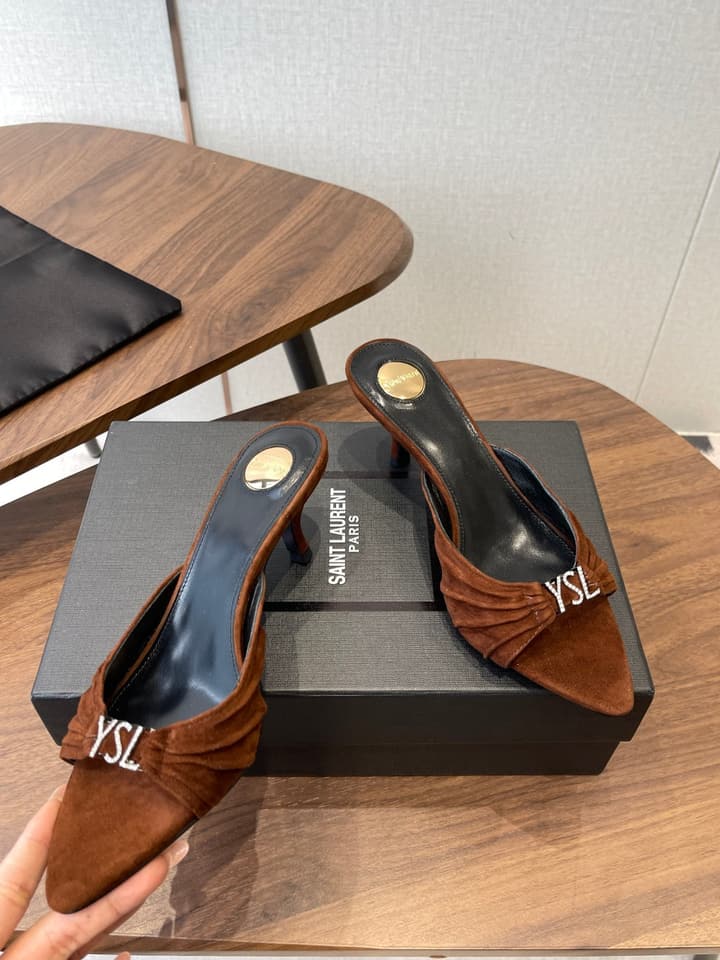 Saint Laurent Pointed Toe Stiletto Heeled Sandals – 26SS in Black - Gold Logo Plaque