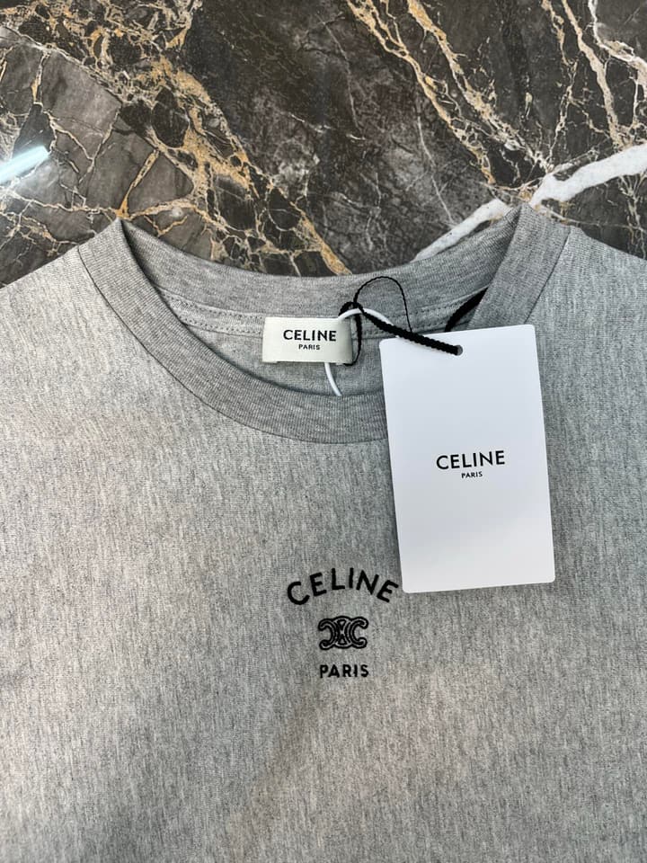 Celine Triomphe Embroidered Loose T-Shirt in Grey