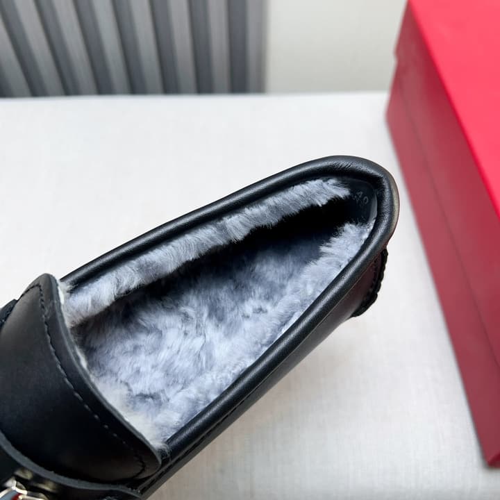 Ferragamo Imported Cowhide Fur-Lined Loafers in Black Patent Leather
