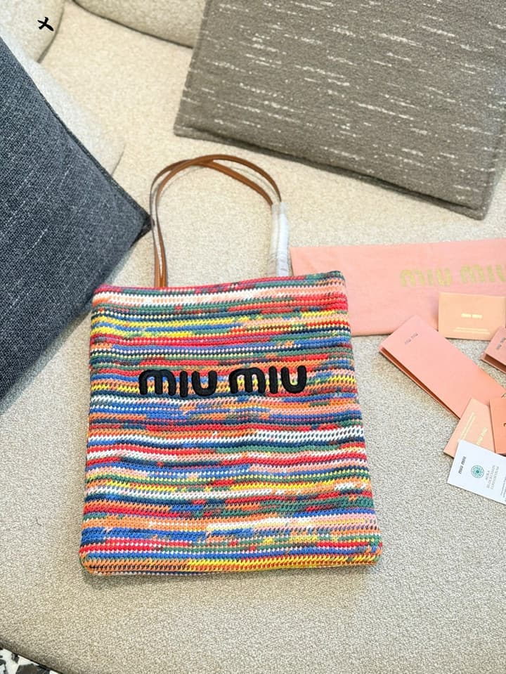 Miu Miu Rainbow Knit Crochet Tote Bag in Multi-Color Rainbow Knit