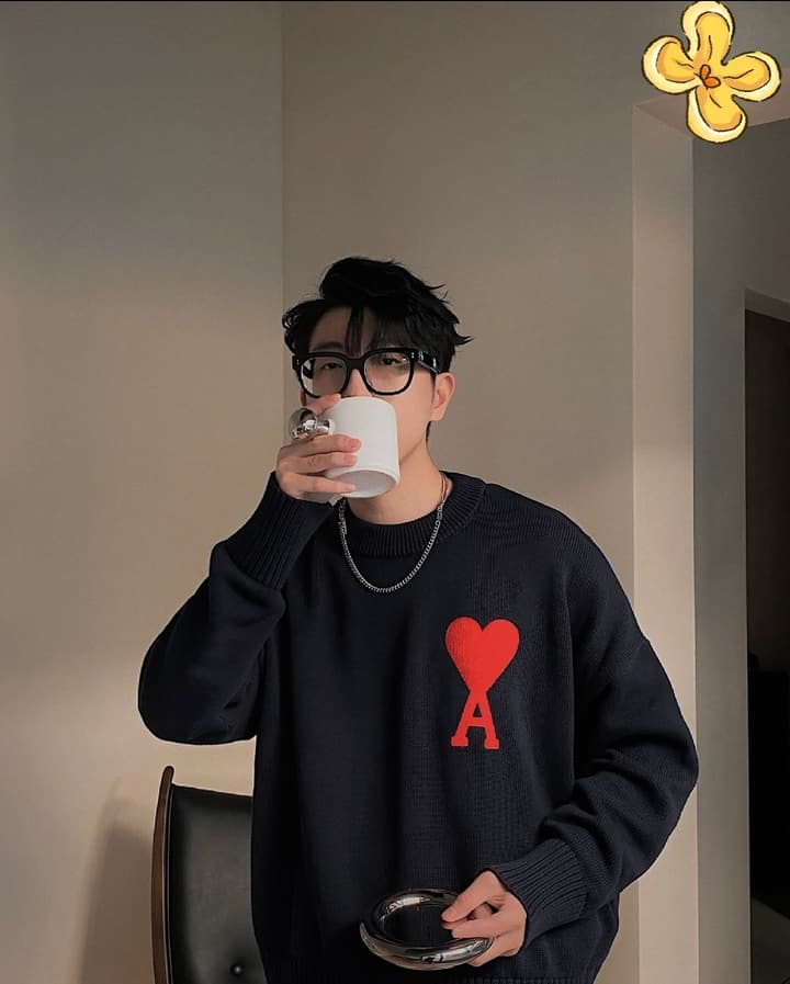 AMI Paris Heart Letter Knitted Sweater in Black With Red Heart