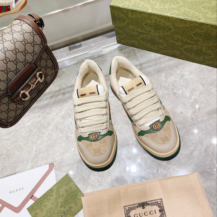 Gucci First Generation Distressed Leather Sneakers in Beige Distressed With Web Stripe