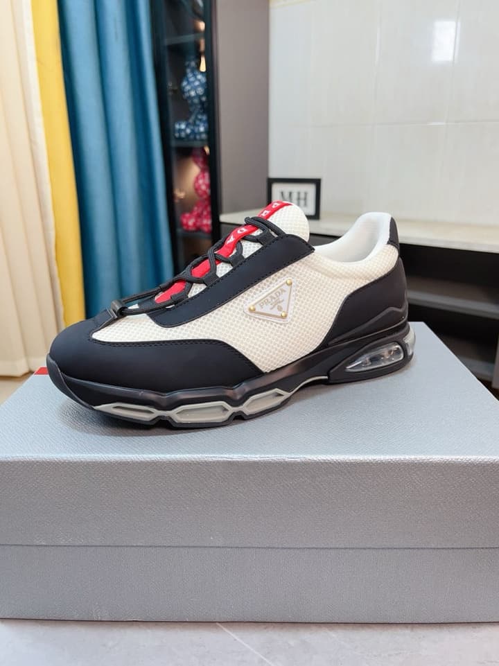 Prada Men's Air Cushion Sneakers in Cream And Black Panel