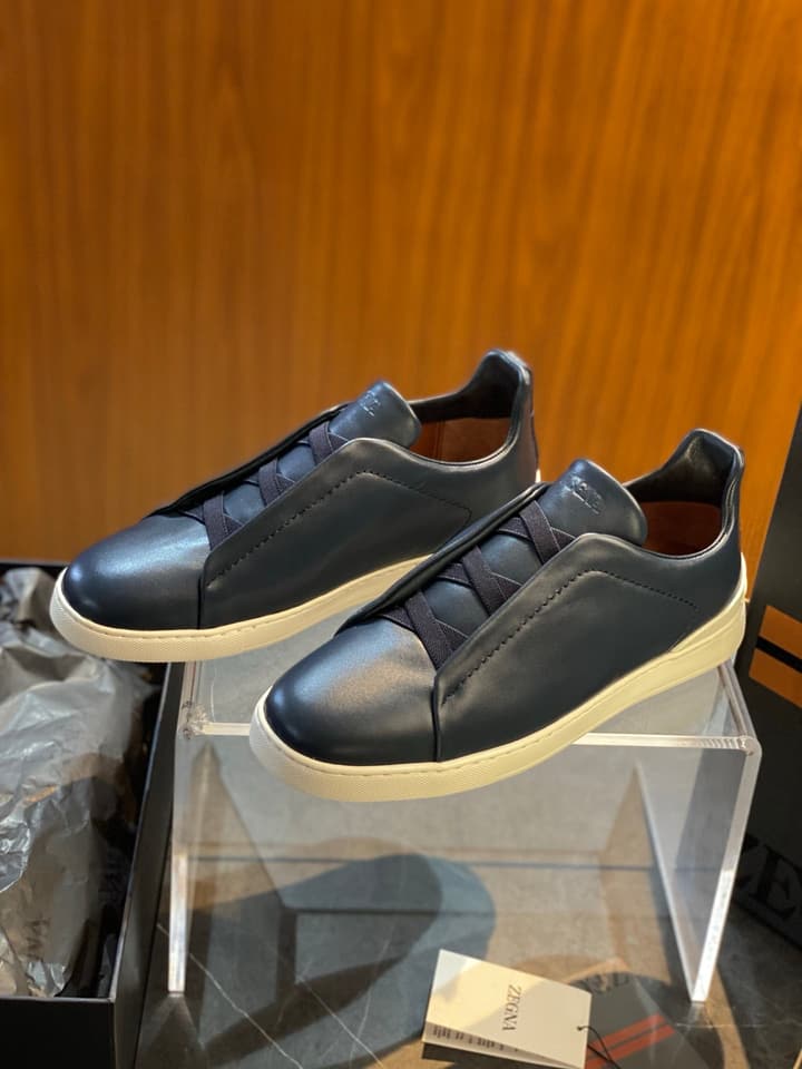 Zegna Triple Stitch Leather Sneakers in Black Smooth Leather