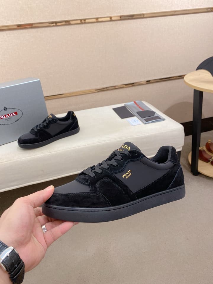 Prada Men's Leather Air Cushion Sneakers in Black Monochromatic