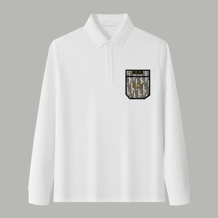 Dior Silk Long Sleeve Polo Shirt with Metal Patch in White With Solid Pocket