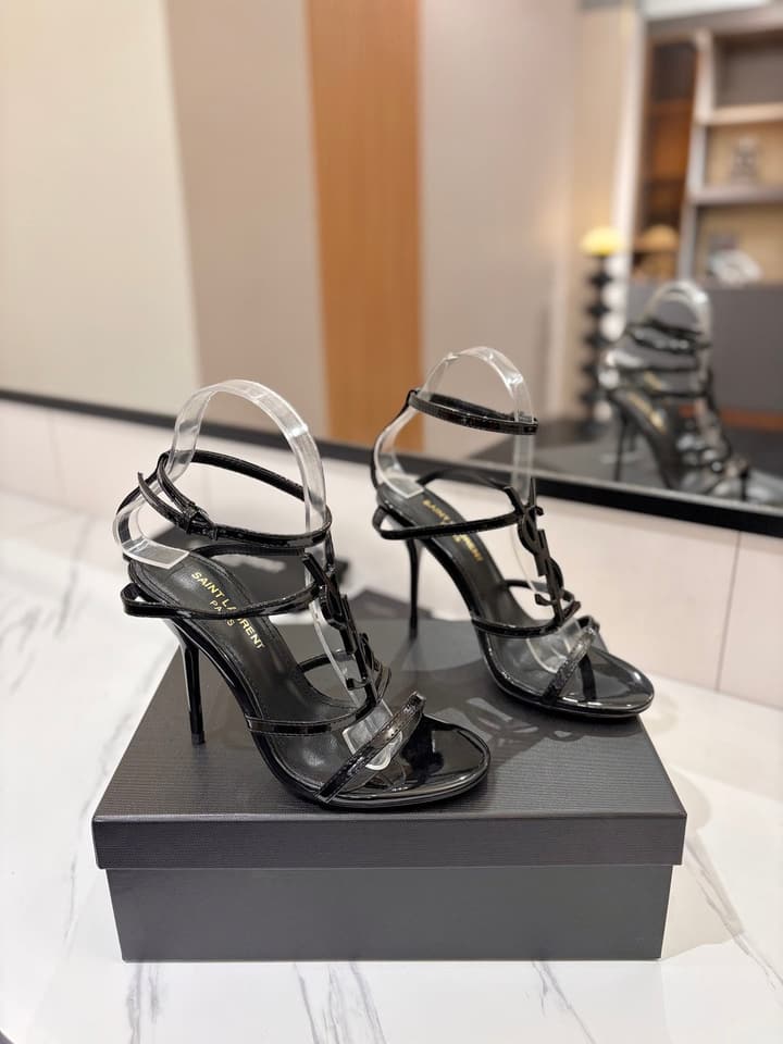 Saint Laurent YSL Logo Mirror Leather Heeled Sandals in Black With Black Logo