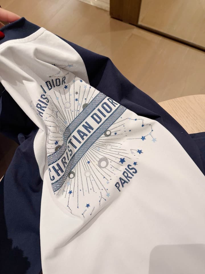 Dior Constellation Print Rhinestone Raglan T-Shirt in White With Navy Blue Sleeves
