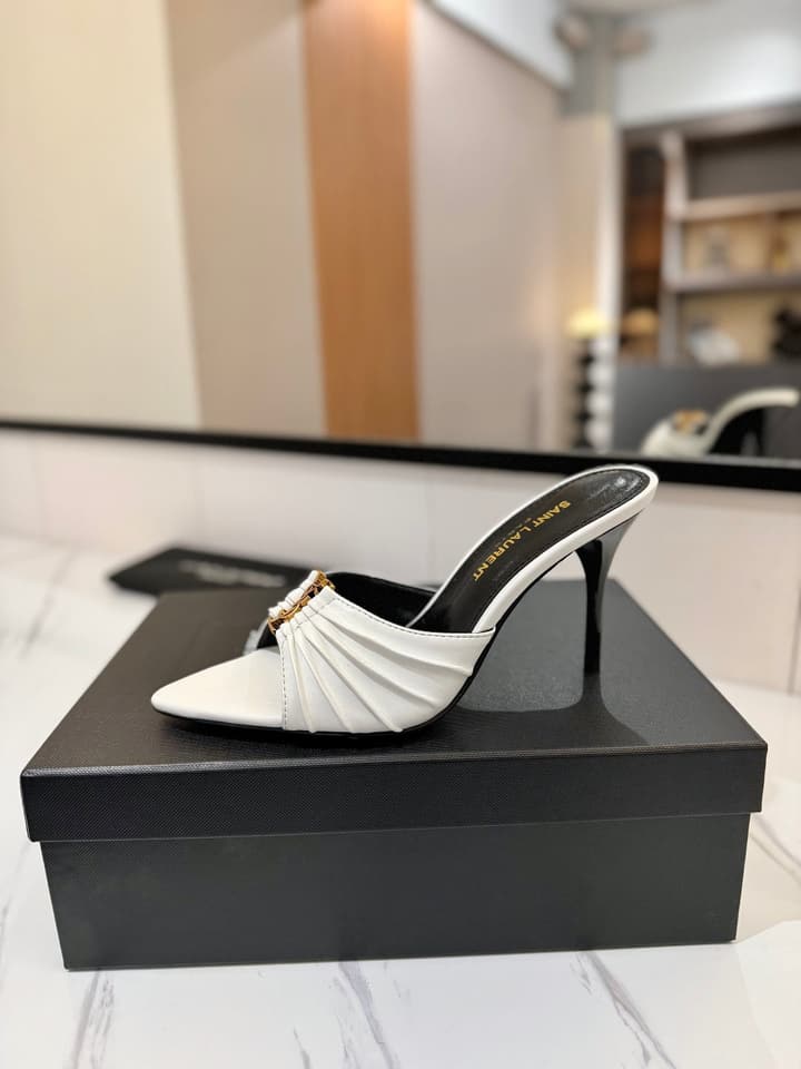 Saint Laurent Crystal Chain Heeled Sandals – 2025 Spring/Summer Collection in Beige