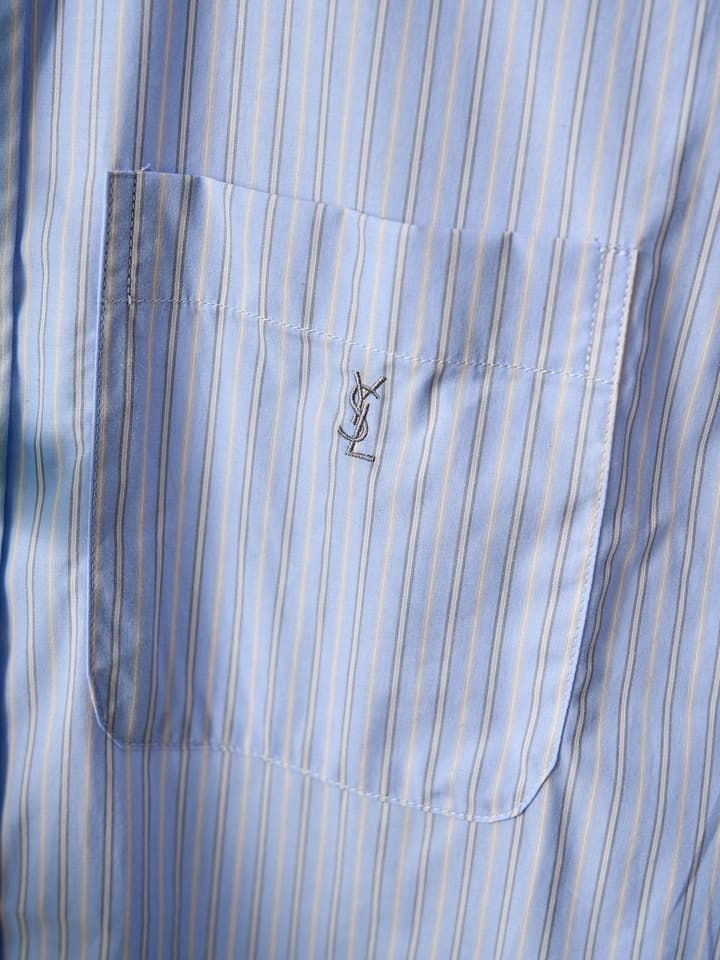Saint Laurent Pocket Embroidered Striped Long-Sleeve Shirt in Light Blue
