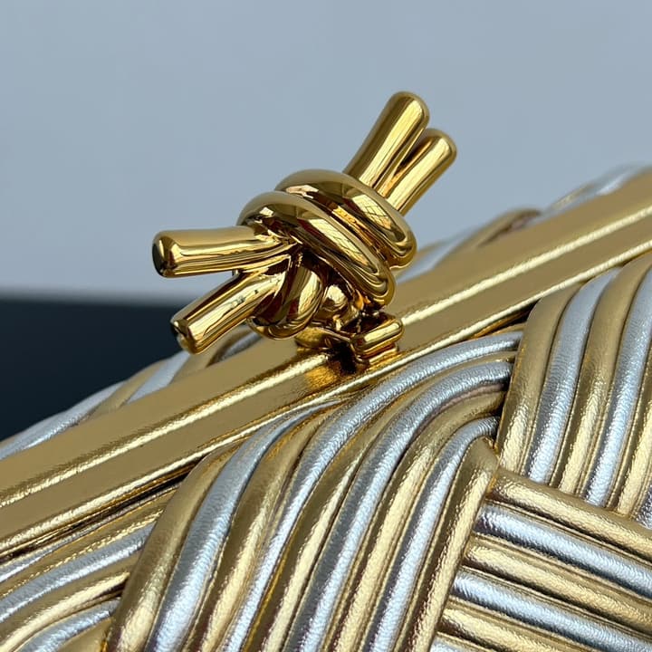 Bottega Veneta Kont Two-Tone Evening Clutch Bag in Gold And Silver Woven Leather
