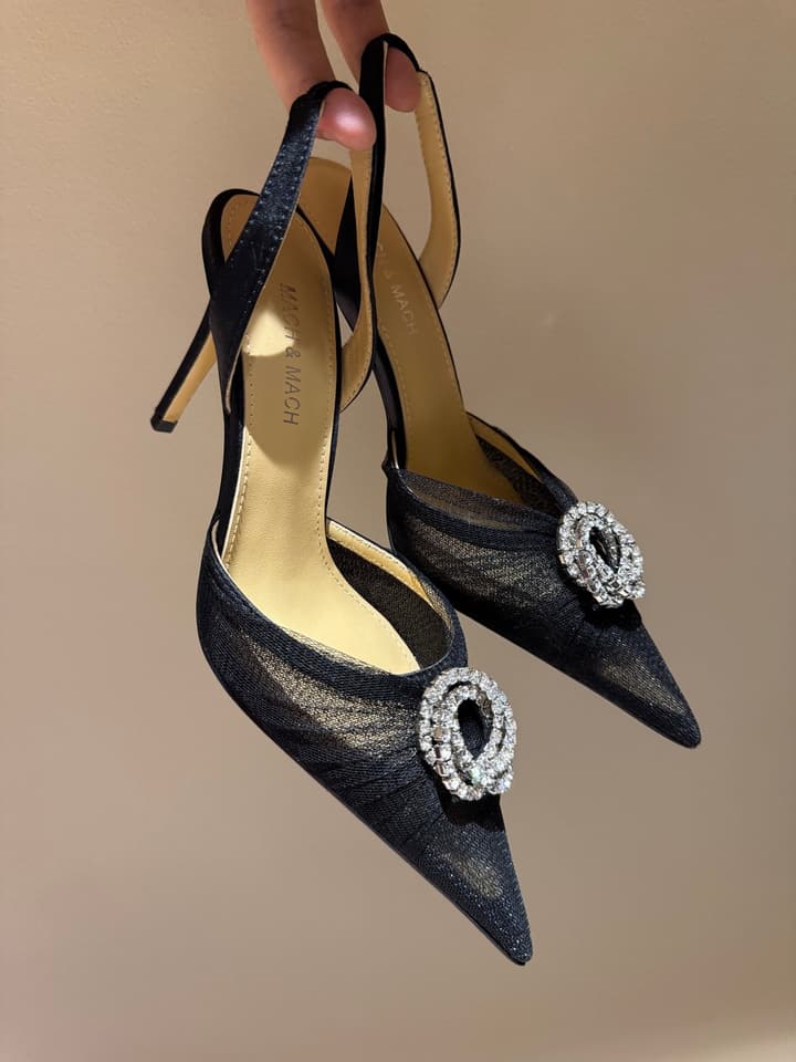 MACH & MACH Rhinestone Lace Heeled Sandals – 2025 Early Spring Collection in Cool Nude Black Cap Toe