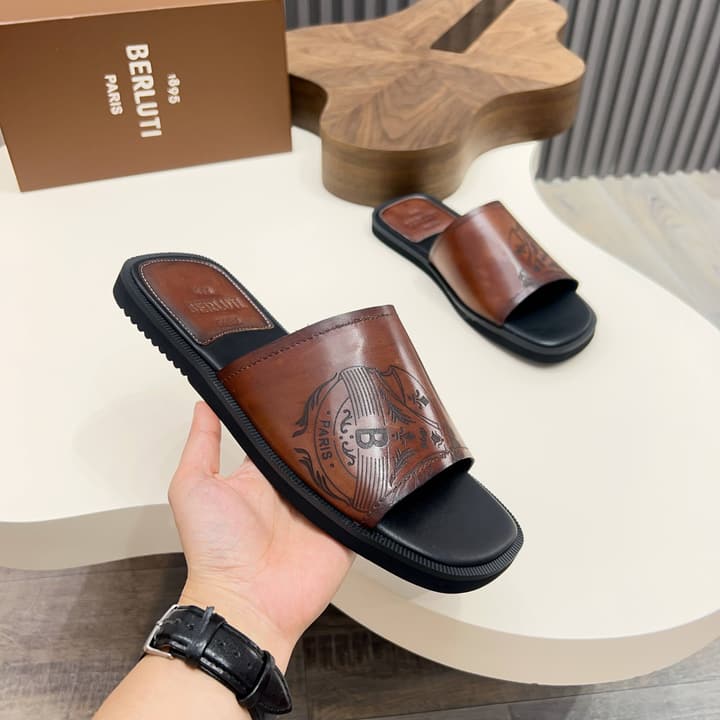 Berluti Hand-Painted Calfskin Slippers in Matte Black