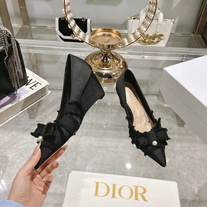 Dior Adiorable Bow Pearl Wedge Pumps in Black Ruffled Bow