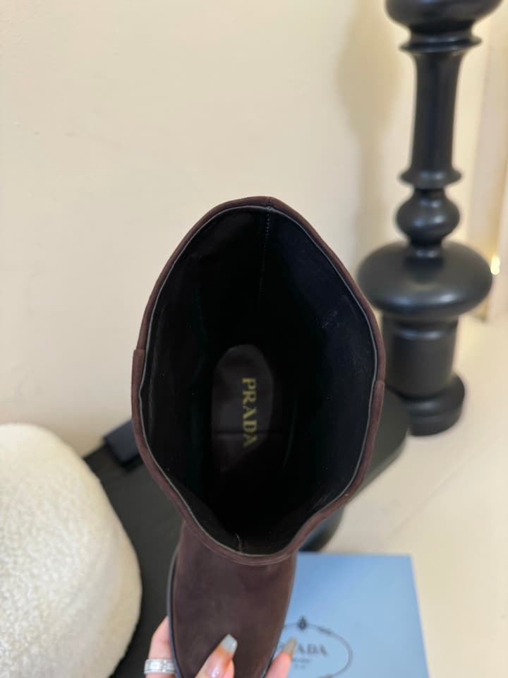 Prada Thick-Sole Knight Boots – 25SS in Dark Brown Suede