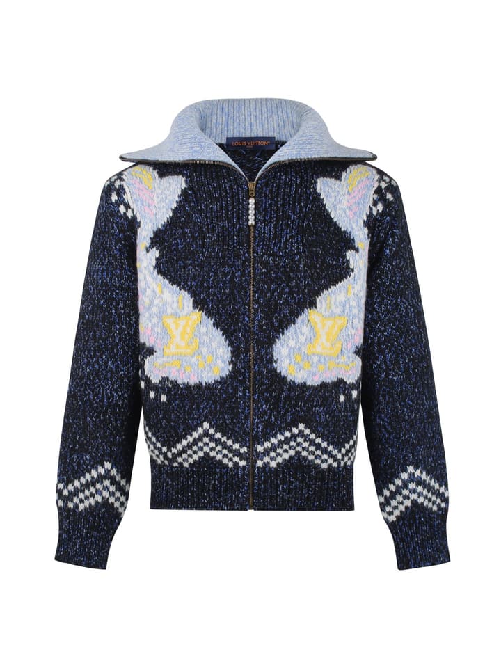 Louis Vuitton Mohair Knit Zipper Cardigan – 25SS in Navy Knit With Fish Motif