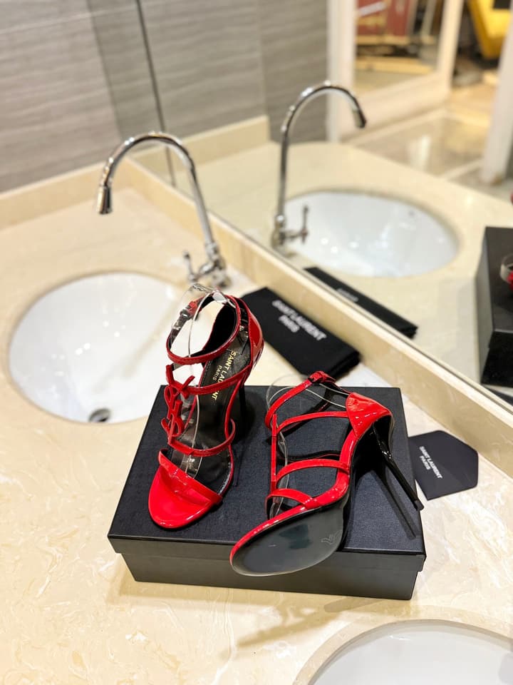 Saint Laurent YSL Logo Lacquer Heeled Sandals in Black Matte With Black Logo