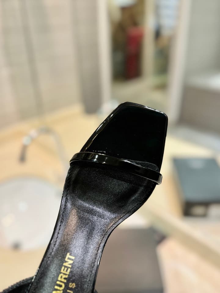 Saint Laurent YSL Logo Heeled Sandals in Apricot Patent