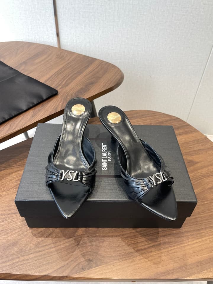 Saint Laurent Pointed Toe Stiletto Heeled Sandals – 26SS in Black - Gold Logo Plaque