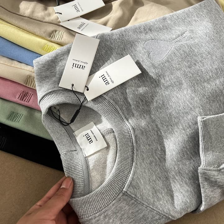 Ami Paris Ami de Coeur Embroidered Crewneck Sweatshirt in Gray