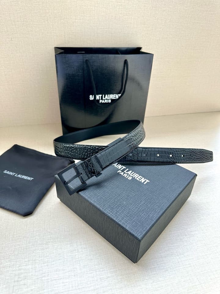 Saint Laurent Monogram Crocodile Embossed Leather Narrow Belt