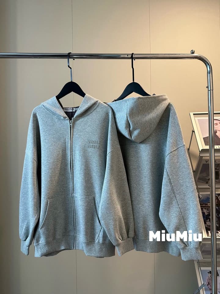 Miu Miu Heavy Patch Logo Plaid Hooded Zip Jacket