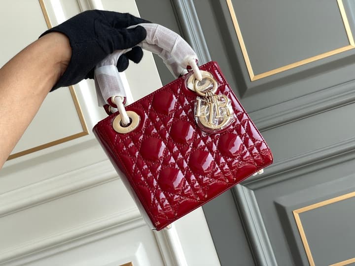 Dior Lady Dior Three-Grid Patent Leather Shoulder Bag in Black Patent With Silver Hardware