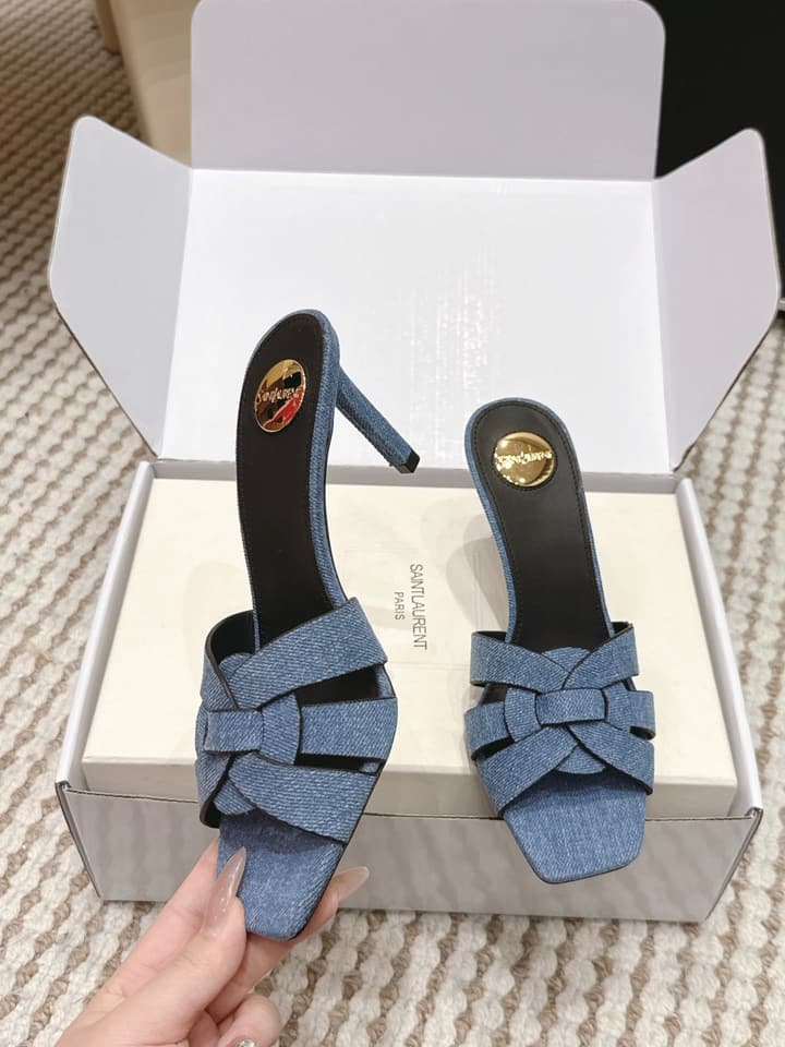 Saint Laurent Melody Square-Toe Heeled Sandals – 2026 Spring/Summer Collection in Beige Patent