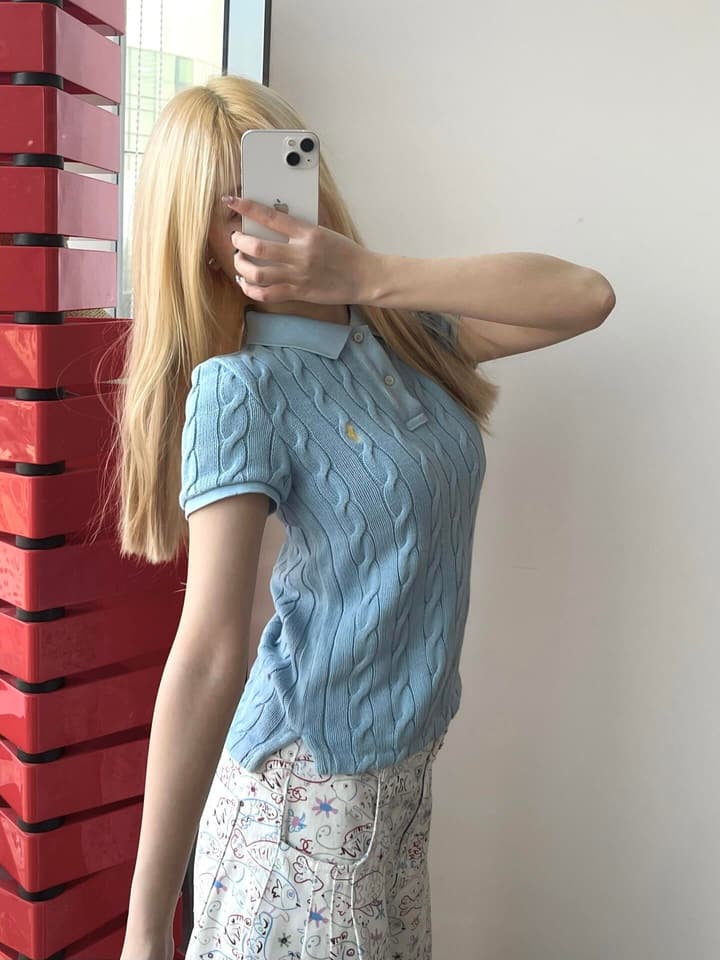 Ralph Lauren Pony Embroidered Cable-Knit Polo Shirt in Baby Blue