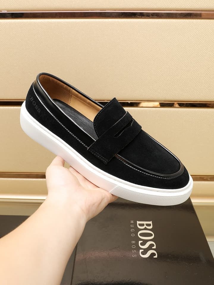 Boss Men's Luxury Leather Slip-On Loafers in Black Smooth Leather