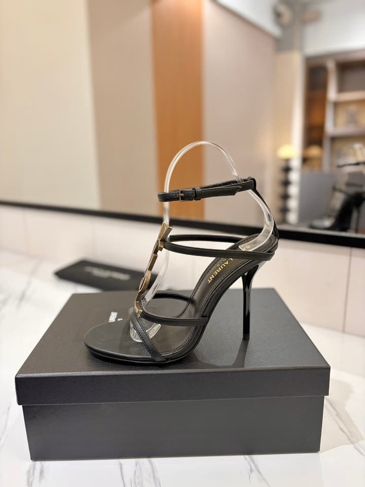 Saint Laurent YSL Logo Mirror Leather Heeled Sandals in Black With Black Logo