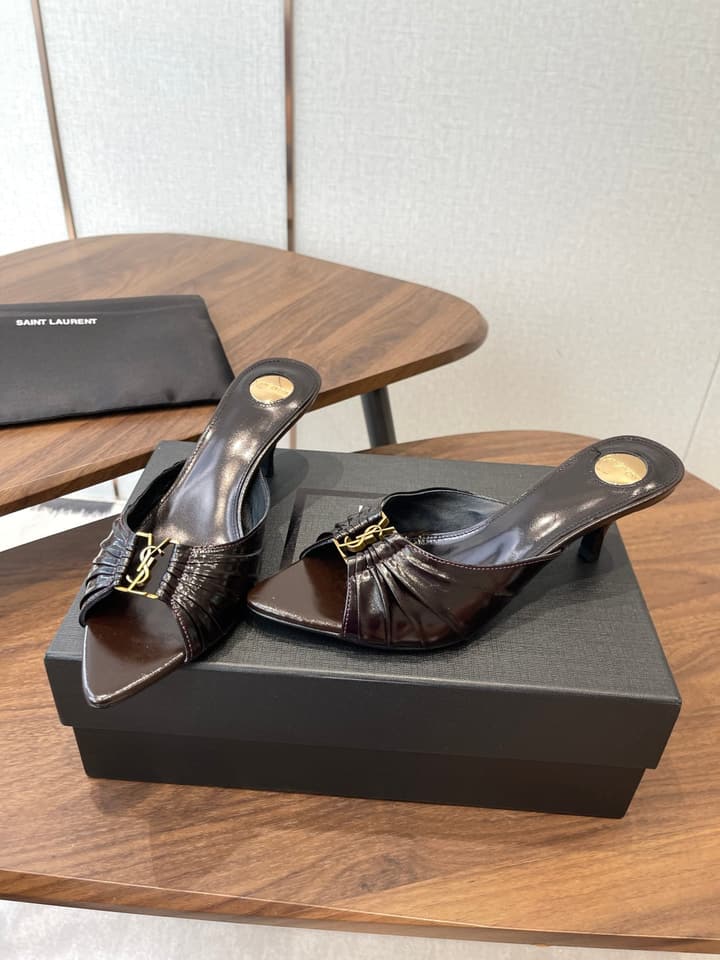Saint Laurent Pointed Toe Stiletto Heeled Sandals – 26SS in Black - Gold Logo Plaque