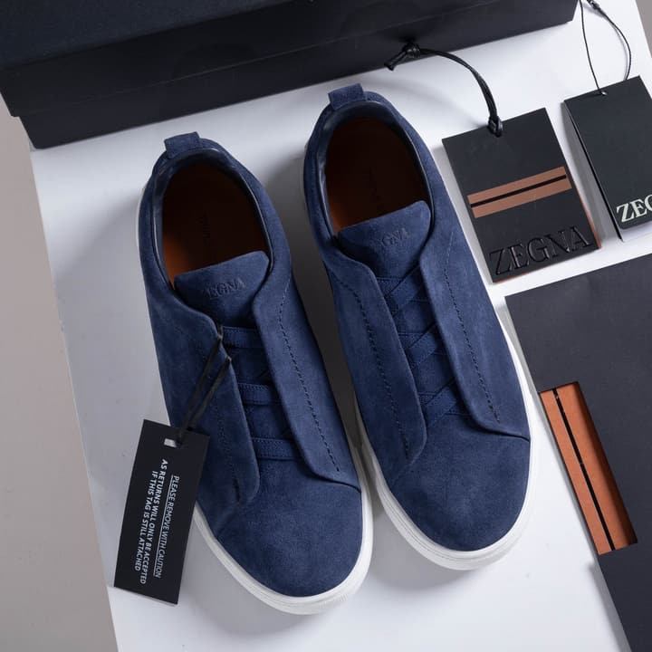 Zegna SECONDSKIN Triple Stitch Low-Top Sneakers in Navy Smooth Leather