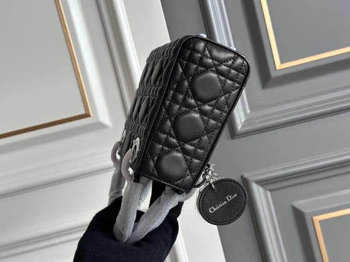Dior Lady Dior Three-Grid Lambskin Shoulder Bag in Black Lambskin