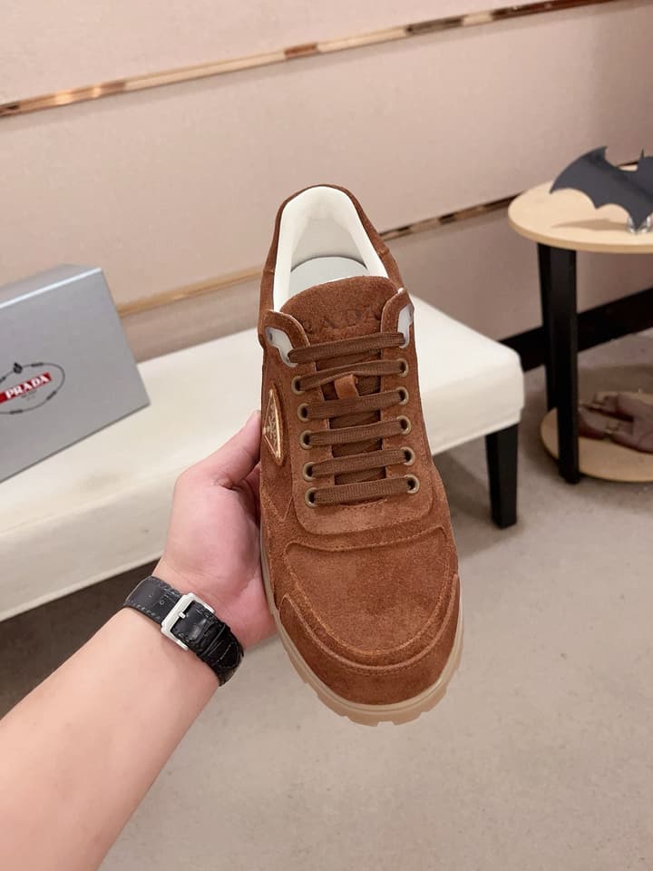 Prada Men's Air Cushion Sneakers in Beige Suede
