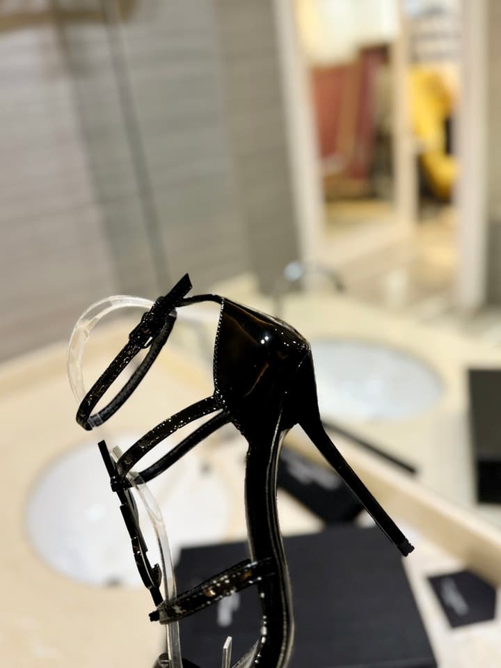 Saint Laurent YSL Logo Lacquer Heeled Sandals in Black Matte With Black Logo
