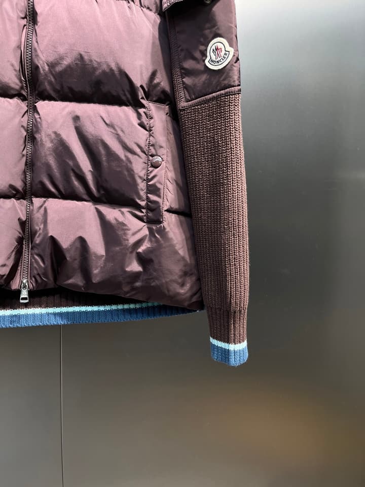 Moncler Knitted Patchwork Stand-Collar Jacket in Dark Brown