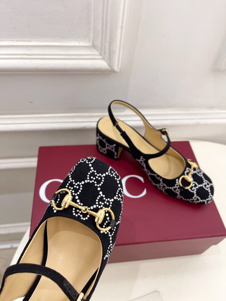 Gucci Classic Horsebit Rhinestone Slingback Sandals – 25SS in Black Monogram Rhinestone