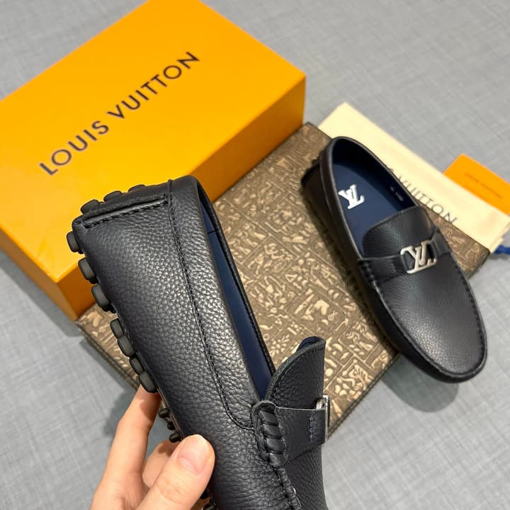 Louis Vuitton Men's Grained Leather Driving Shoes in Dark Gunmetal Hardware
