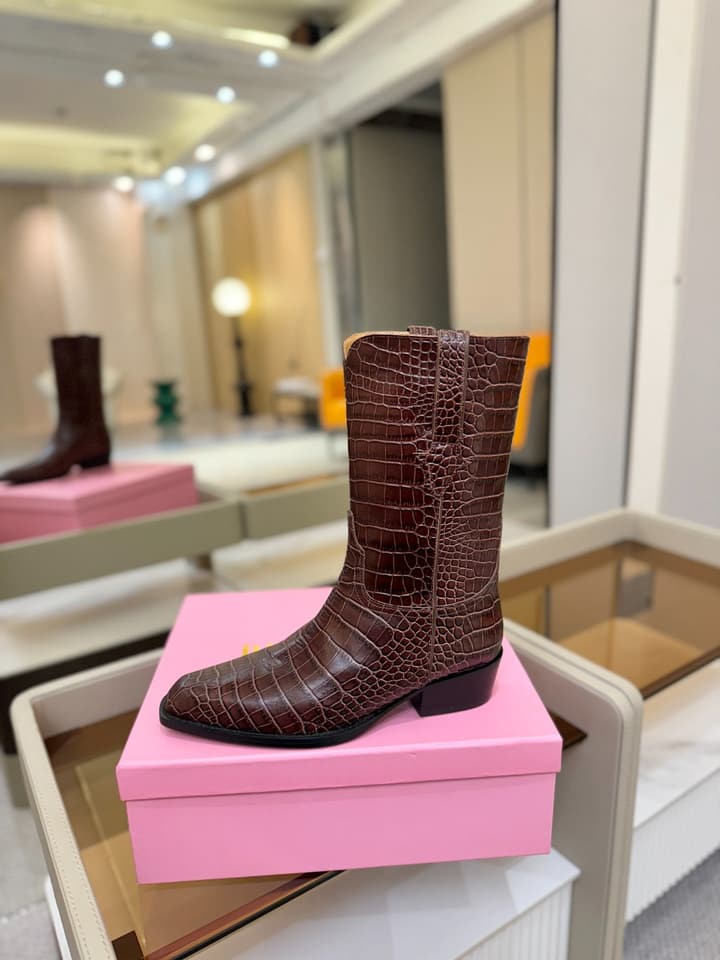 Paris Texas Crocodile Embossed Western Ankle Boots in Chocolate Croc