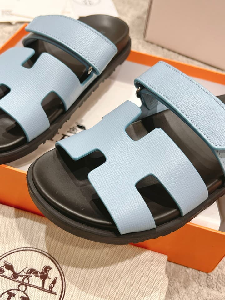 Hermès Chypre Suede Unisex Slides in Black With Dark Blue Strap