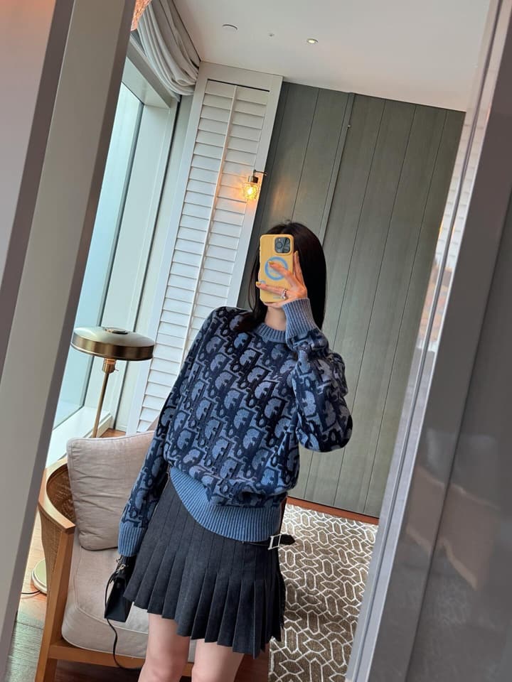 Dior Oblique Jacquard Wool Crewneck Sweater – 2026SS in Navy Oblique With Light Blue Trim