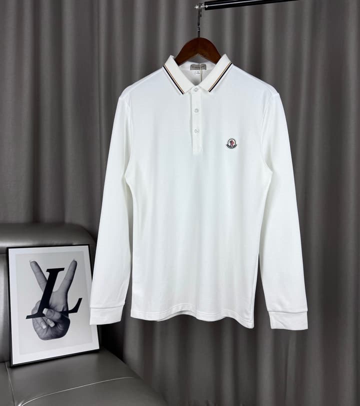 Moncler Classic Striped Collar Embroidered Long Sleeve Polo Shirt – Spring/Autumn Collection in Black With White Tipping (hanger)