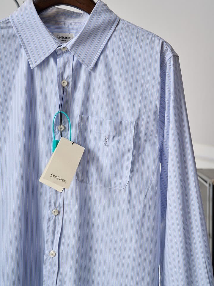 Saint Laurent Pocket Embroidered Striped Long-Sleeve Shirt in Light Blue