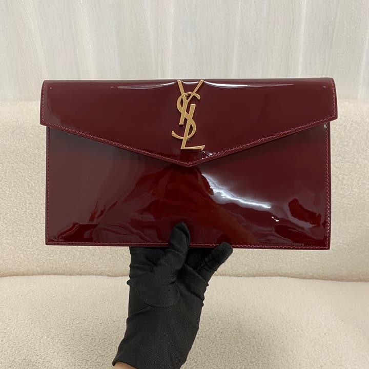 Saint Laurent Uptown Envelope Clutch Bag in Patent Burgundy Red
